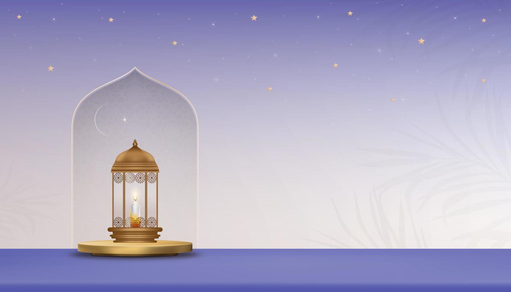 islamisches podium mit traditioneller laterne mit halbmond und stern auf violettem hintergrund, vektorhintergrundbanner der religion des muslimischen symbolischen, eid ul fitr, ramadan kareem, eid al adha, eid mubarak vektor