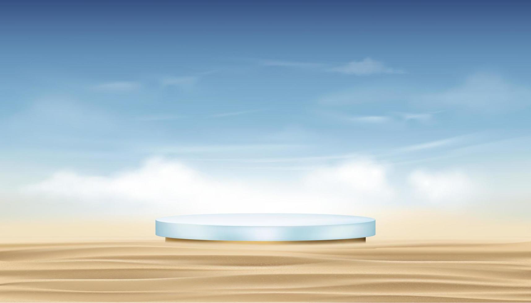 bakgrund podium cylinder stativ på sandstrand, fluffigt moln och blus himmel bakgrund, vektor 3d banner havsstrand, scen piedestal för produktpresentation kosmetika eller spa på sommarkampanj