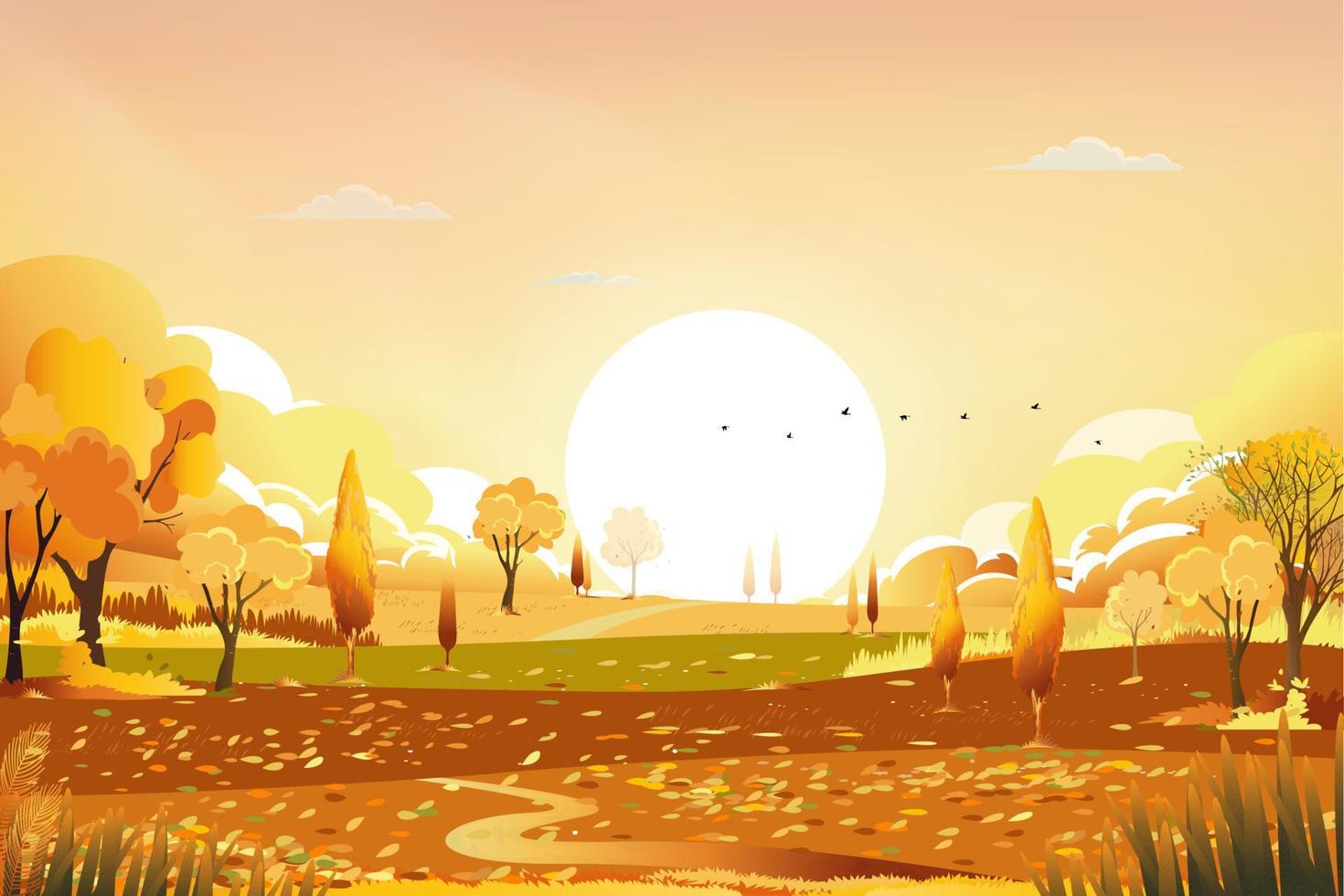 höstens lantliga landskap i kvällsljus med solnedgång, blå och orange himmelbakgrund, vektor tecknad höstsäsong på landsbygden med skogsträd och gräsfält med soluppgång, naturlig banderoll i bakgrunden
