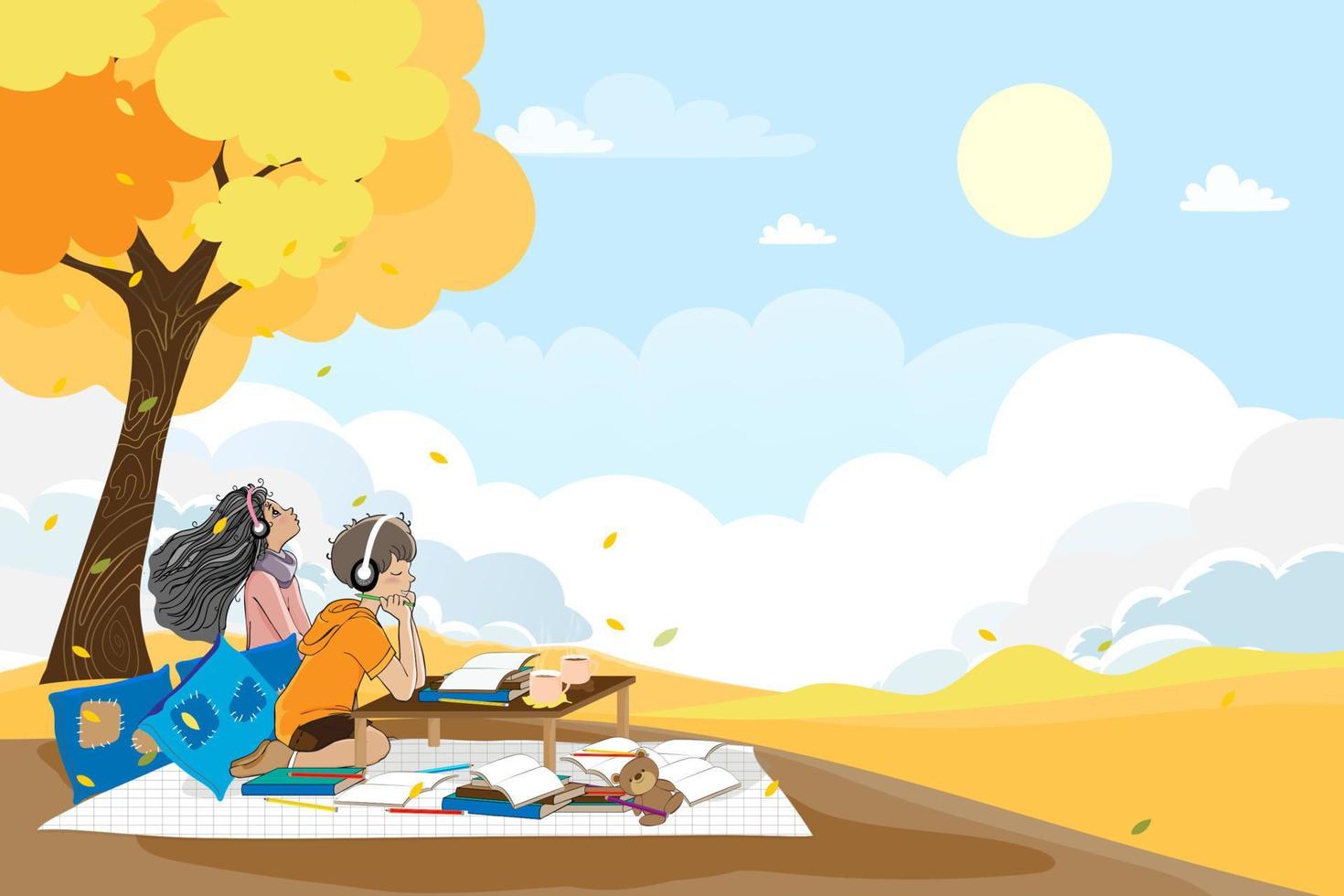 niedlicher Cartoon-Schüler mit Kopfhörern, der Musik hört, während er Schulhausaufgaben unter dem Baum macht. vektor eines jungen mädchens, das mit tief in gedanken zum himmel aufblickt, zurück zum schulkonzept