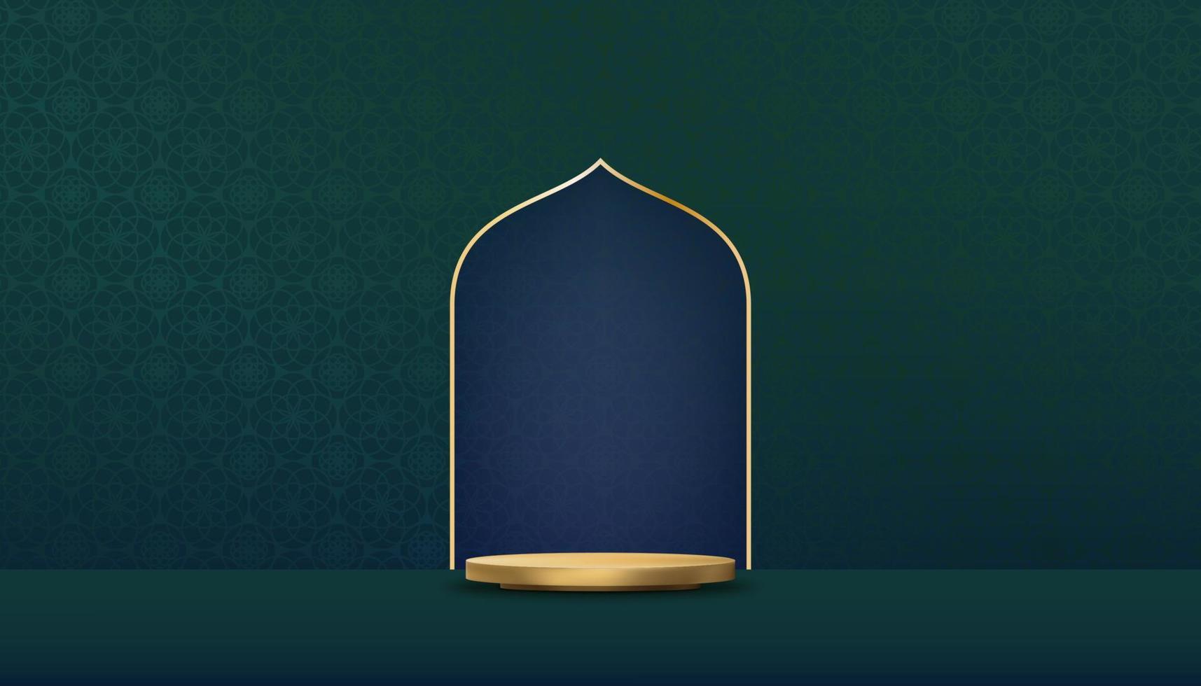 bakgrund mån islamisk art déco med 3d podium, fönster guld ram dekoration islam bakgrund prydnadsmall, vektor arabiska mönster geometrisk form, textur arabisk traditionellt motiv för julkort