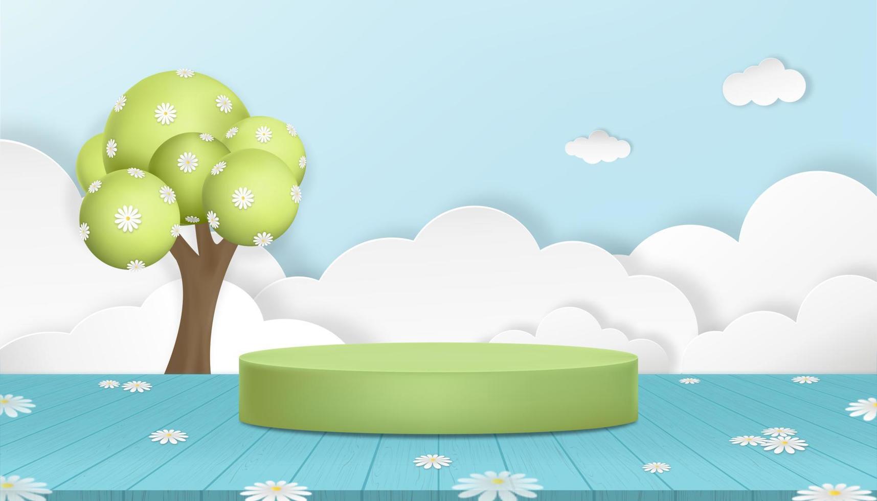 Frühlingshintergrund 3d grünes Zylinderpodium, Blumenblüte auf Baum, papiergeschnittene Wolkenschicht auf blauem Himmelshintergrund, Vektorillustrationshintergrundbanner natürliche Szene für Ostern oder Sommerverkaufskonzept vektor