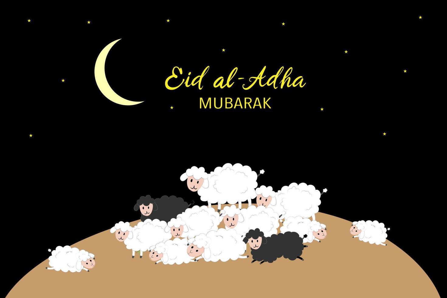 eid mubarak feier des muslimischen gemeinschaftsfestes eid al adha grußkarte mit opfer a ram, weiße und schwarze schafe, halbmondwolke auf blauem himmel hintergrund.vektor muslimischer feiertag eid ul adha vektor