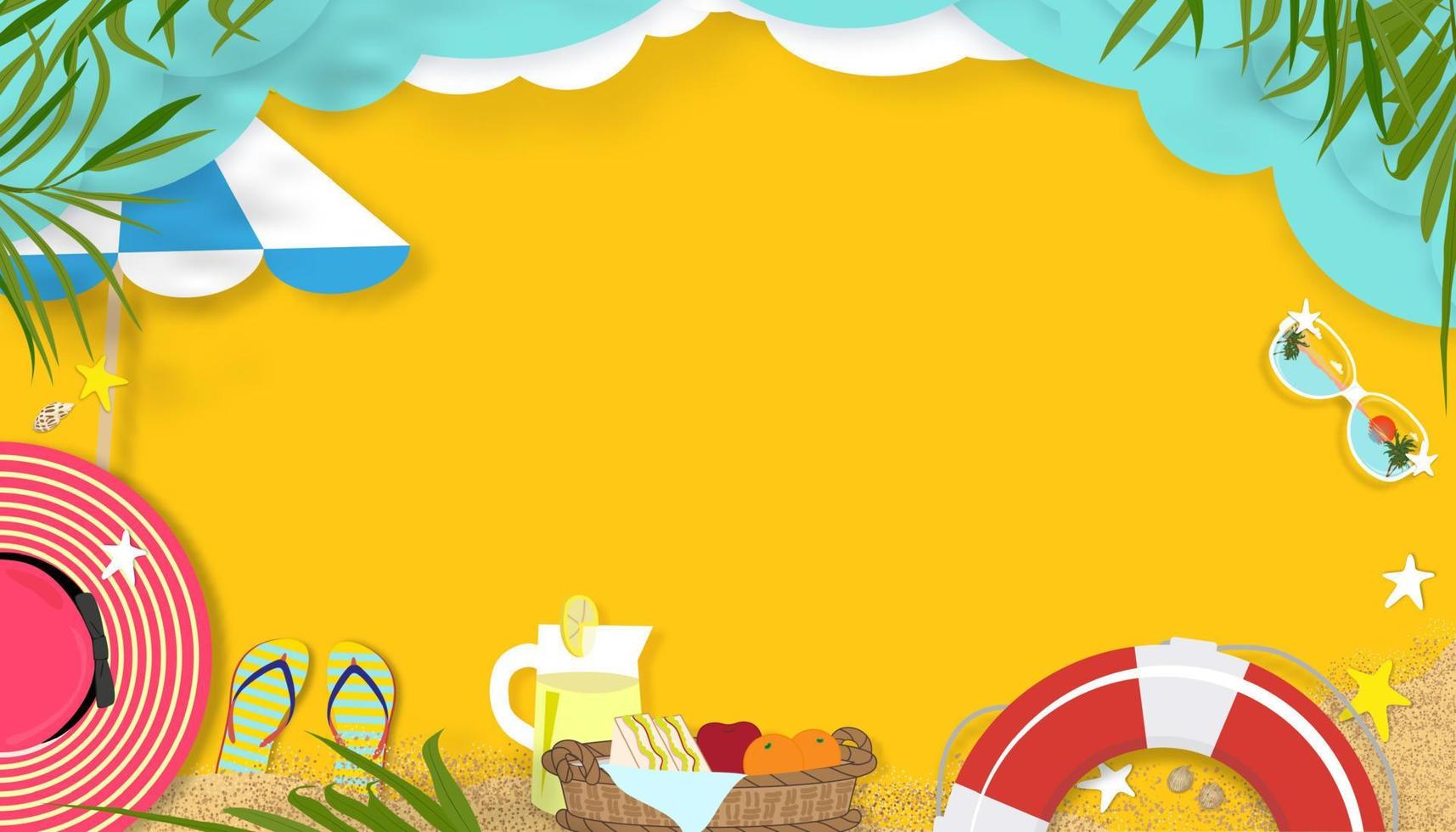 sommerkulisse mit strandurlaubsthema mit kopierraum auf gelbem hintergrund, vektorflachbannerpapierschnitt aus tropischem sommerdesign, palmblatt und wolke auf blauer himmelschicht vektor