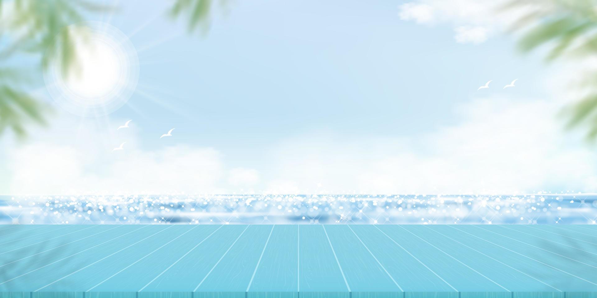 Sommerhintergrund Meereslandschaft mit Holztisch, Meer, Wolke am Himmel, Horizont, natürlicher blauer Ozean mit Reflexion des Morgenlichts und verschwommenen Kokospalmenblättern an der Grenze, Vektorbanner-Promotion, Verkauf vektor