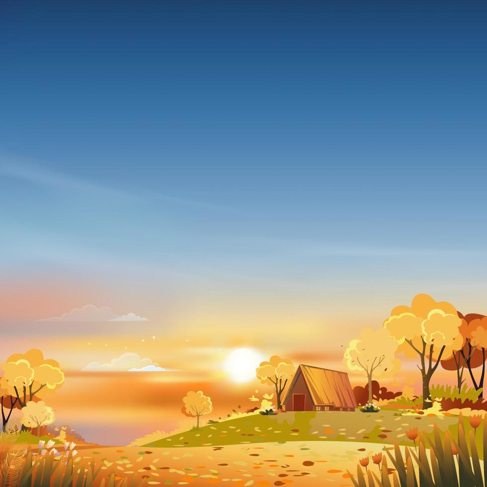 ländlicher Landschaftssonnenuntergang des Herbstes mit orangefarbenem und blauem Himmelshintergrund, Vektorkarikaturhintergrund der natürlichen Herbstsaison mit Sonnenaufgang, Bauernhoffeld auf dem Land mit Häuschenhaus auf Hügel im Waldbaum vektor