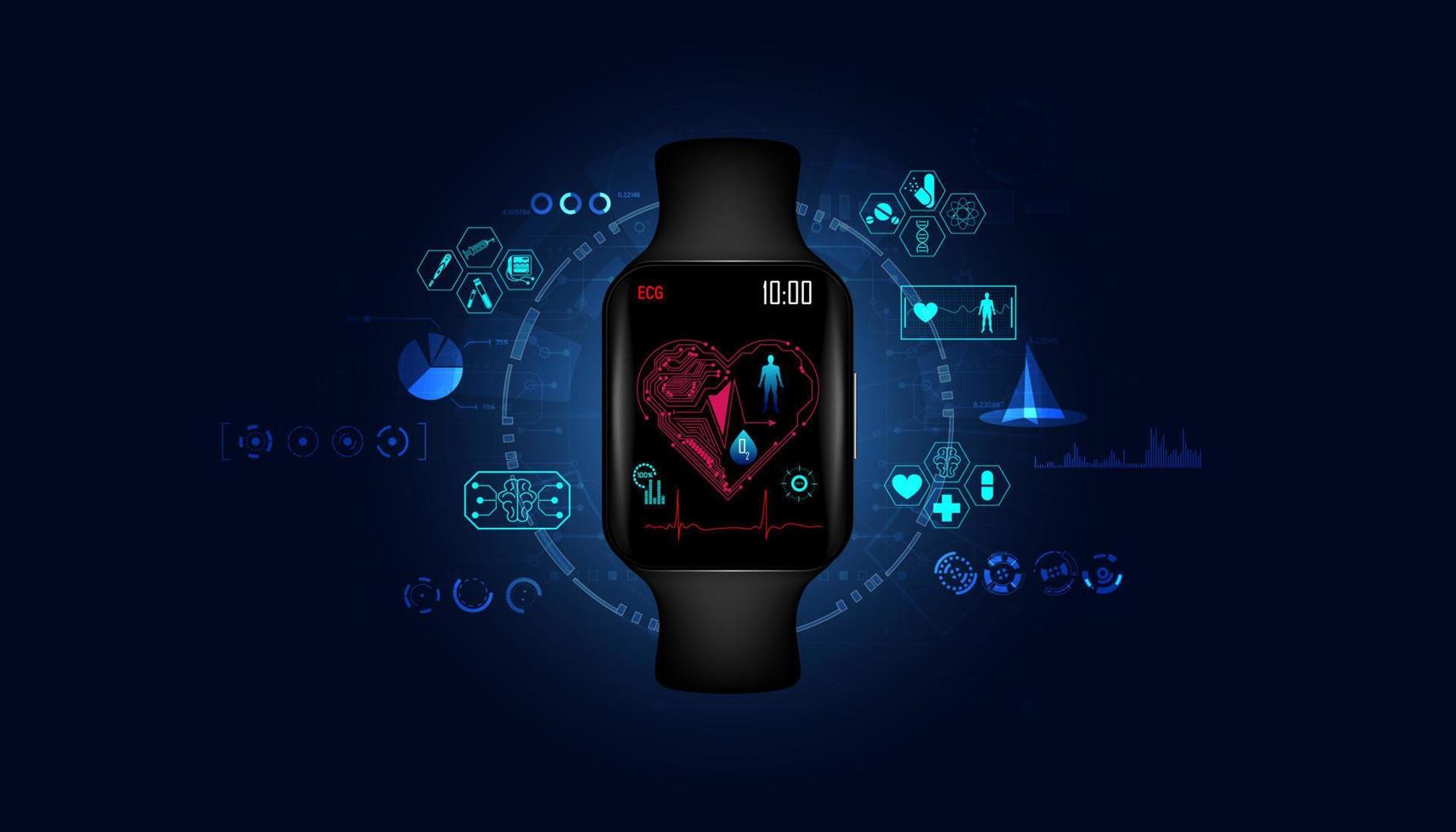abstrakt svart smart klocka ikon hälsovård inkluderar medicinsk medicin ecg blod syrenivå koncept, modern medicinsk teknik och modern vårdutrustning. vektor