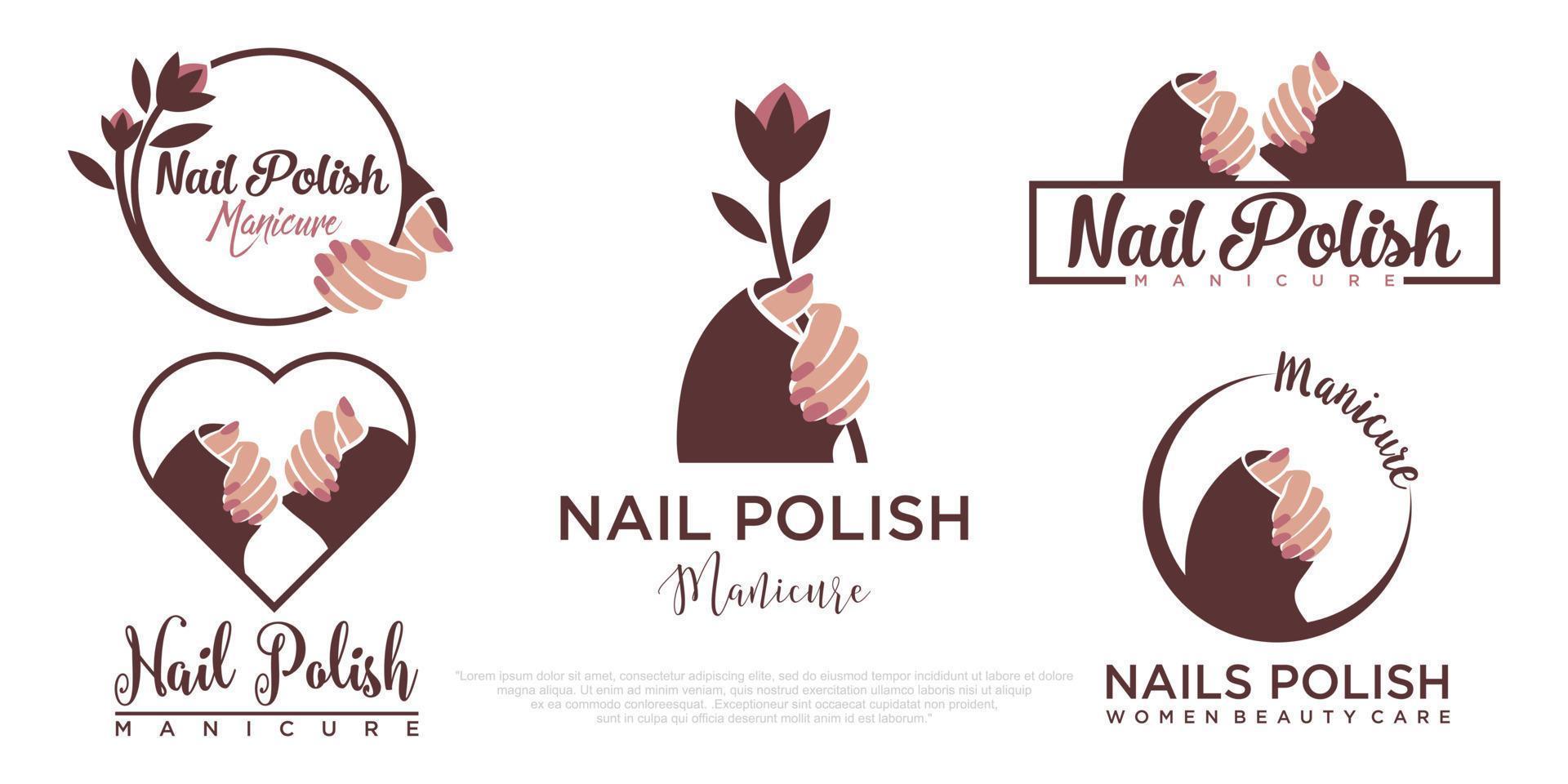 nagellack eller nagelsalong ikonuppsättning logotyp design manikyr nagellack och kvinnlig finger logotyp vektor