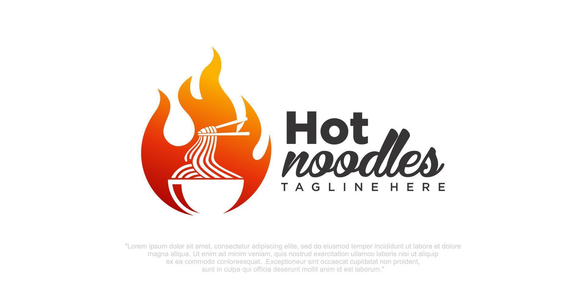 würzige ramen-nudel-ikonensatz-logo-designillustration mit schüssel und heißem feuer. vektor