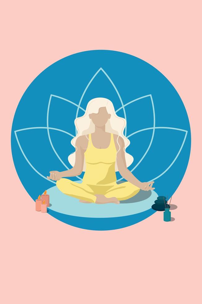 Mädchen im gesichtslosen Stil mit blonden Haaren in einem gelben Anzug sitzt in einer Lotusposition und macht Yoga. vektor