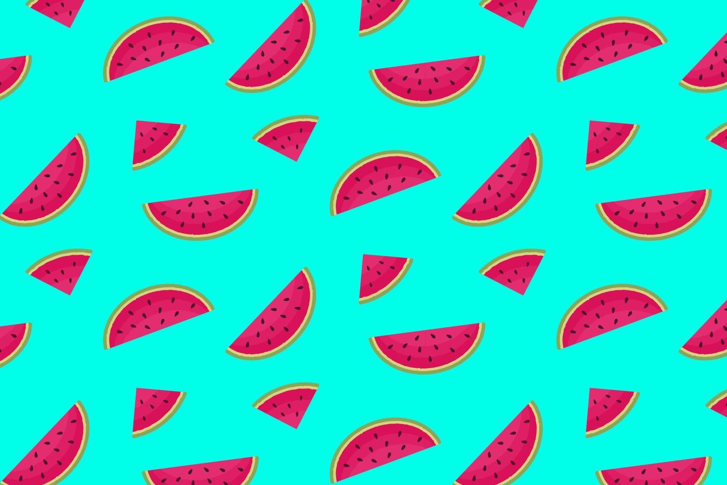Vektor-Wassermelonen handgezeichnetes nahtloses Muster. süßer Sommerdruck mit frischen Früchten. Rote Scheiben der Wassermelone mit Samen wiederholen Textur auf grün-blauem Hintergrund für Tapeten, Stoffdesign, Textilien, Dekor vektor