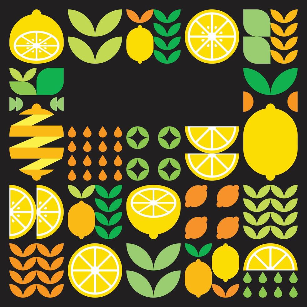 minimalistischer flacher Vektorrahmen, Zitronenfrucht-Symbol. einfache geometrische Illustration von Zitrusfrüchten, Orangen, Limonade und Blättern. abstraktes Muster auf schwarzem Hintergrund. für kopierraum, social-media-posts. vektor