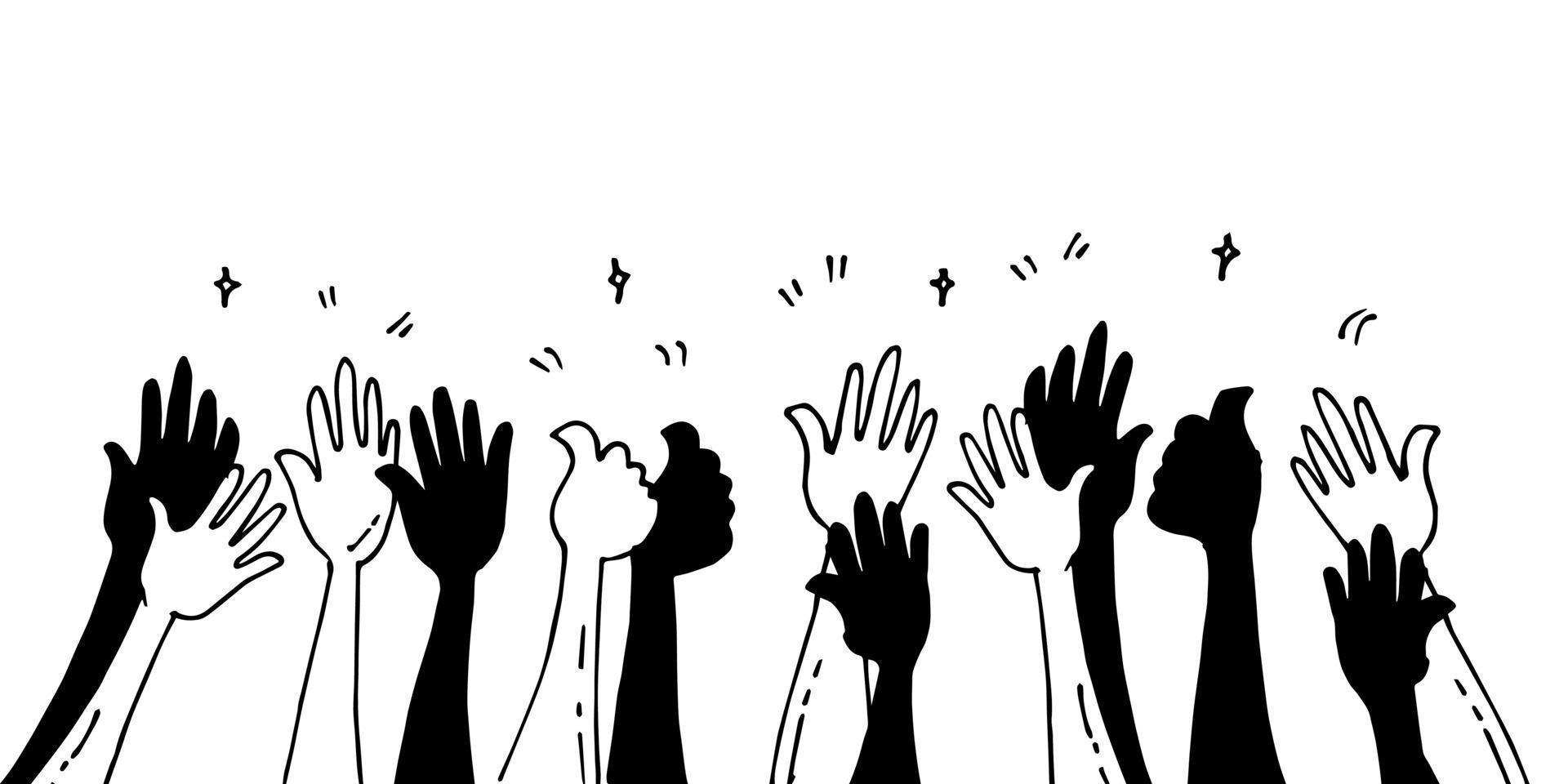 doodle av händer upp, händerna klappar. applåder gester. grattis företag. vektor illustration