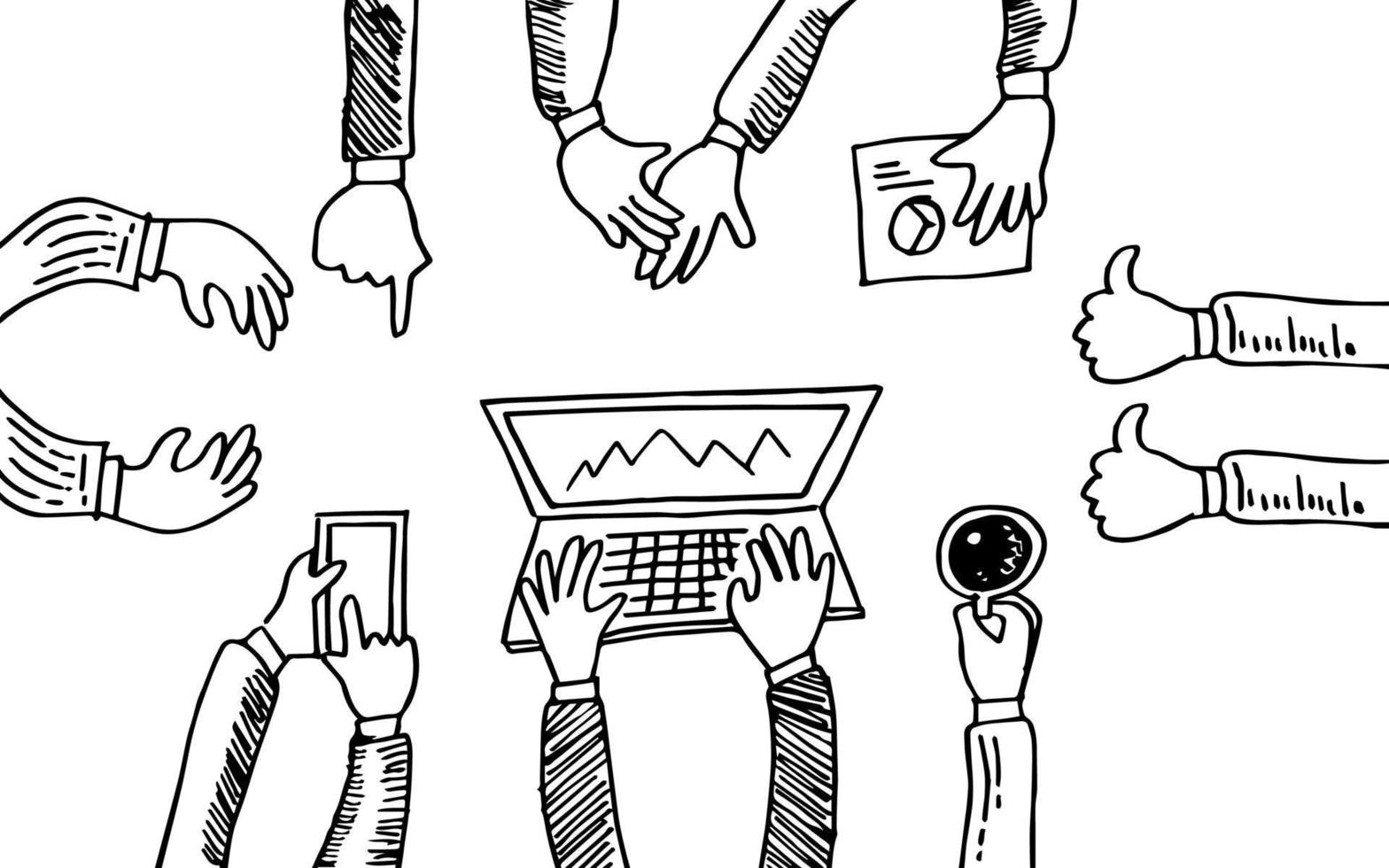 Doodle Menschen Hände skizzieren. Business-Meeting-Konzept. oben sehen. Vektor-Illustration vektor