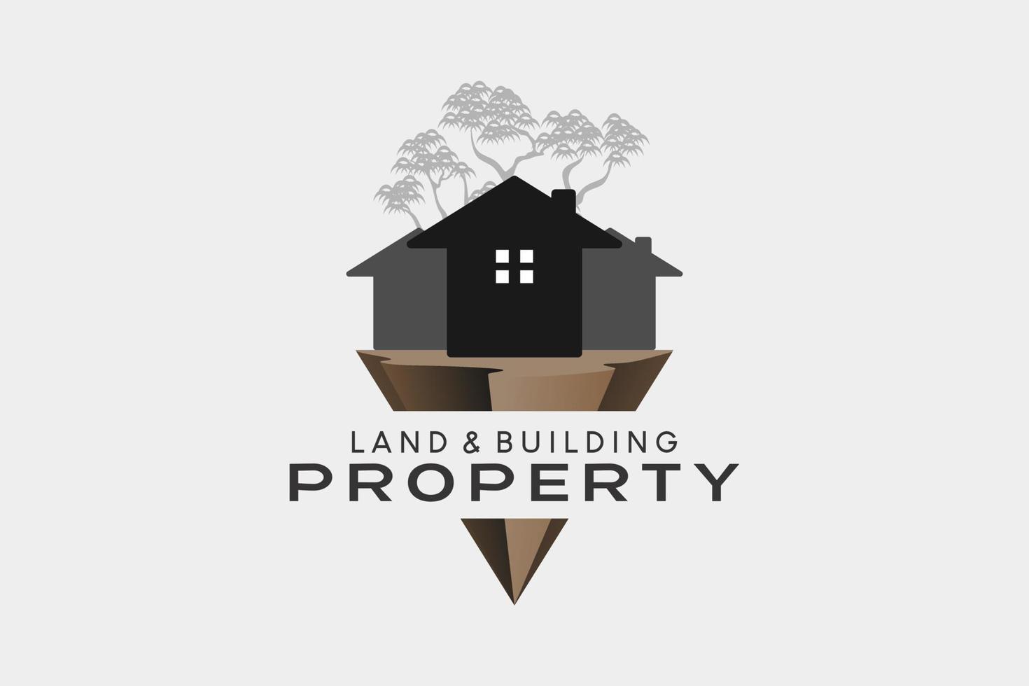 mark och fastighetslogotyp med kreativt koncept, hus och trädikon på marken vektor
