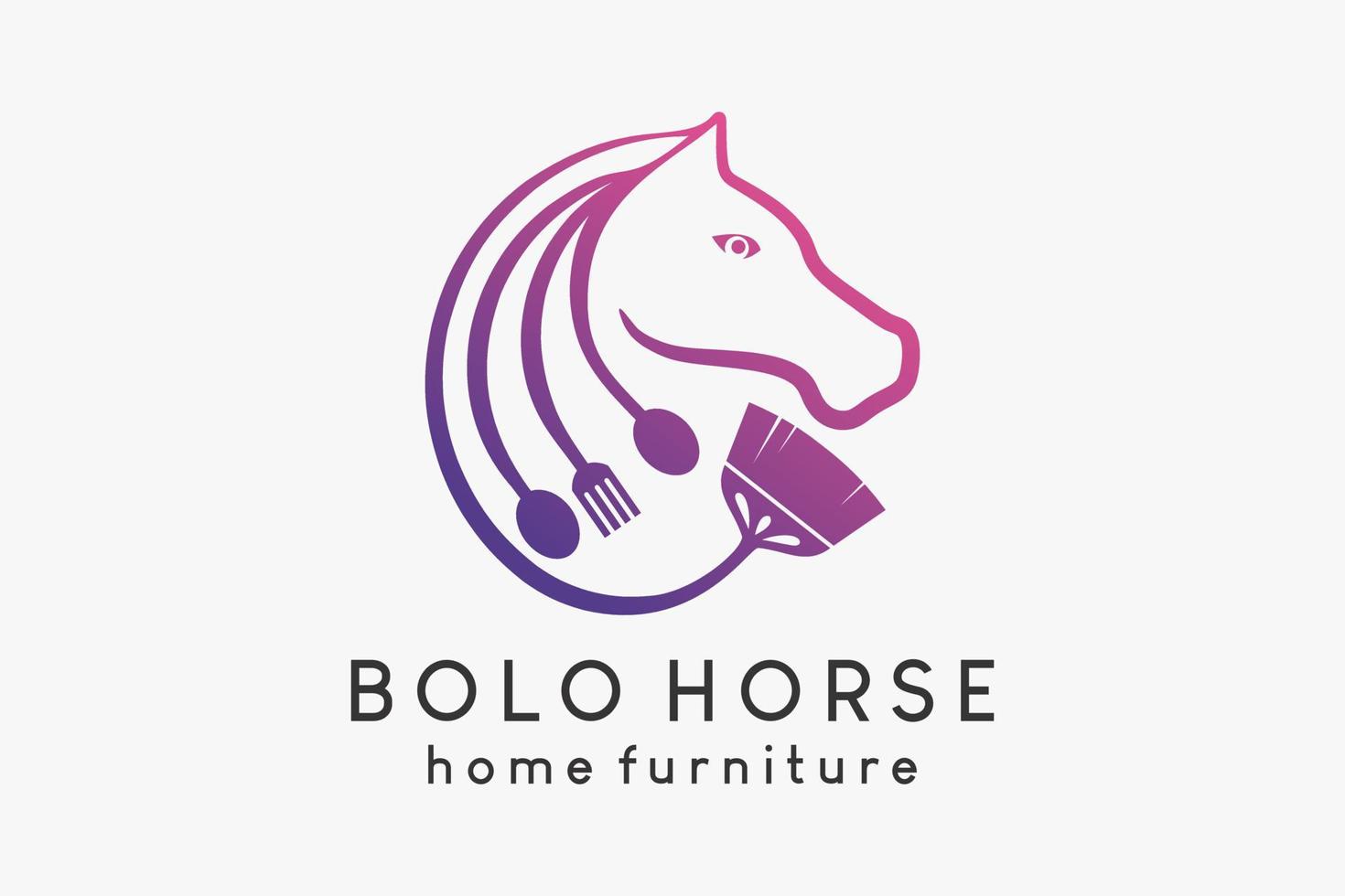 Logo von Haushaltsgegenständen oder Möbeln, Besen, Besteck und Bratgeschirr kombiniert mit einem Pferdekopf in einem kreativen Konzept vektor