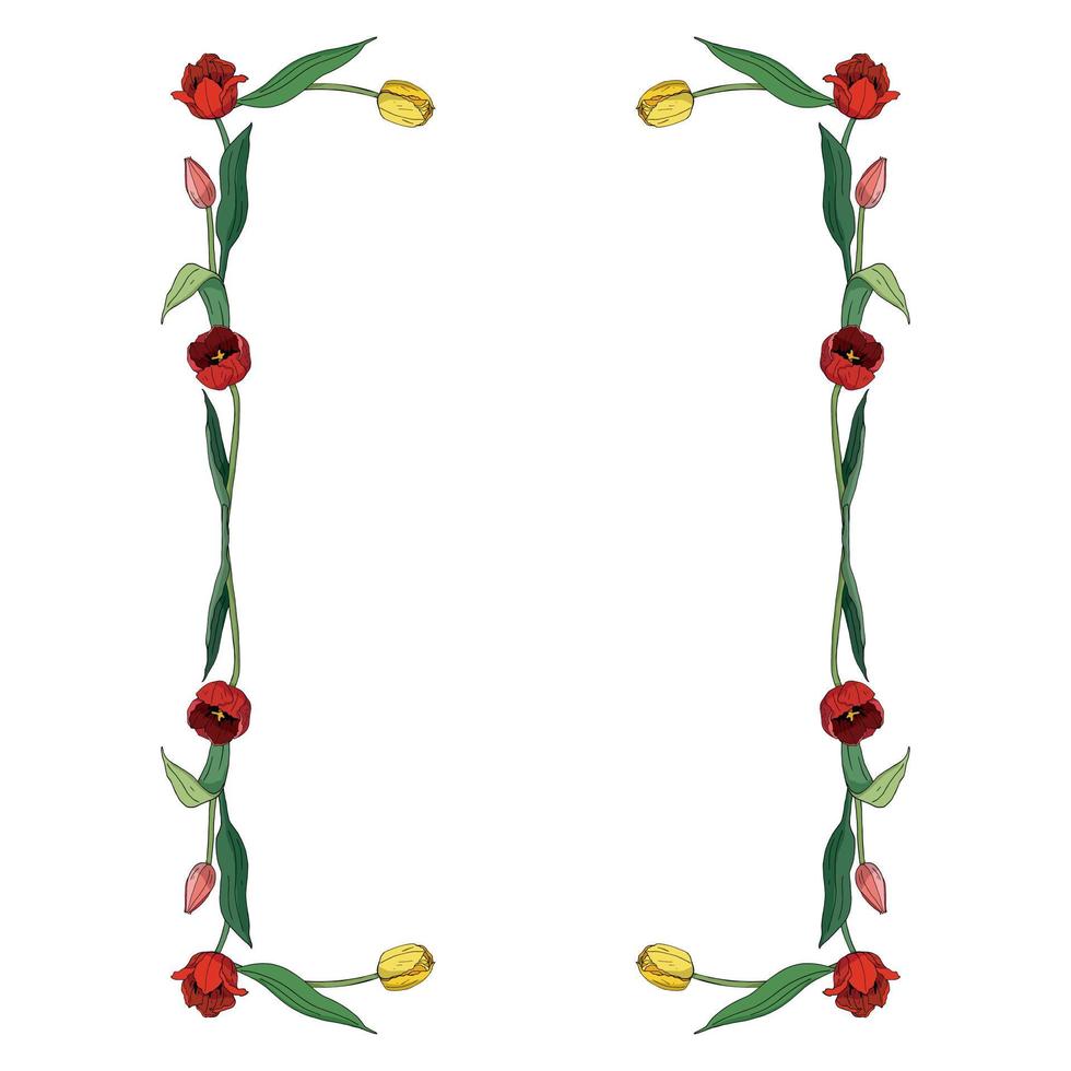 rechteckiger Rahmen aus Tulpen. dekoratives Element mit Blumen auf weißem Hintergrund für Ihr Design vektor