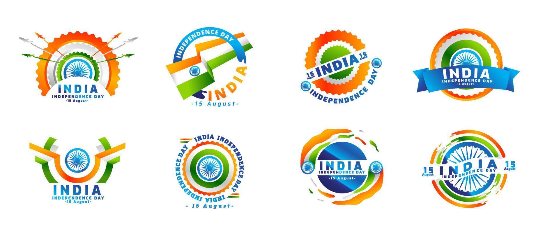 logo indischer unabhängigkeitstag am 15. august. aufkleberset, typografieset, elemente und dekoration vektor