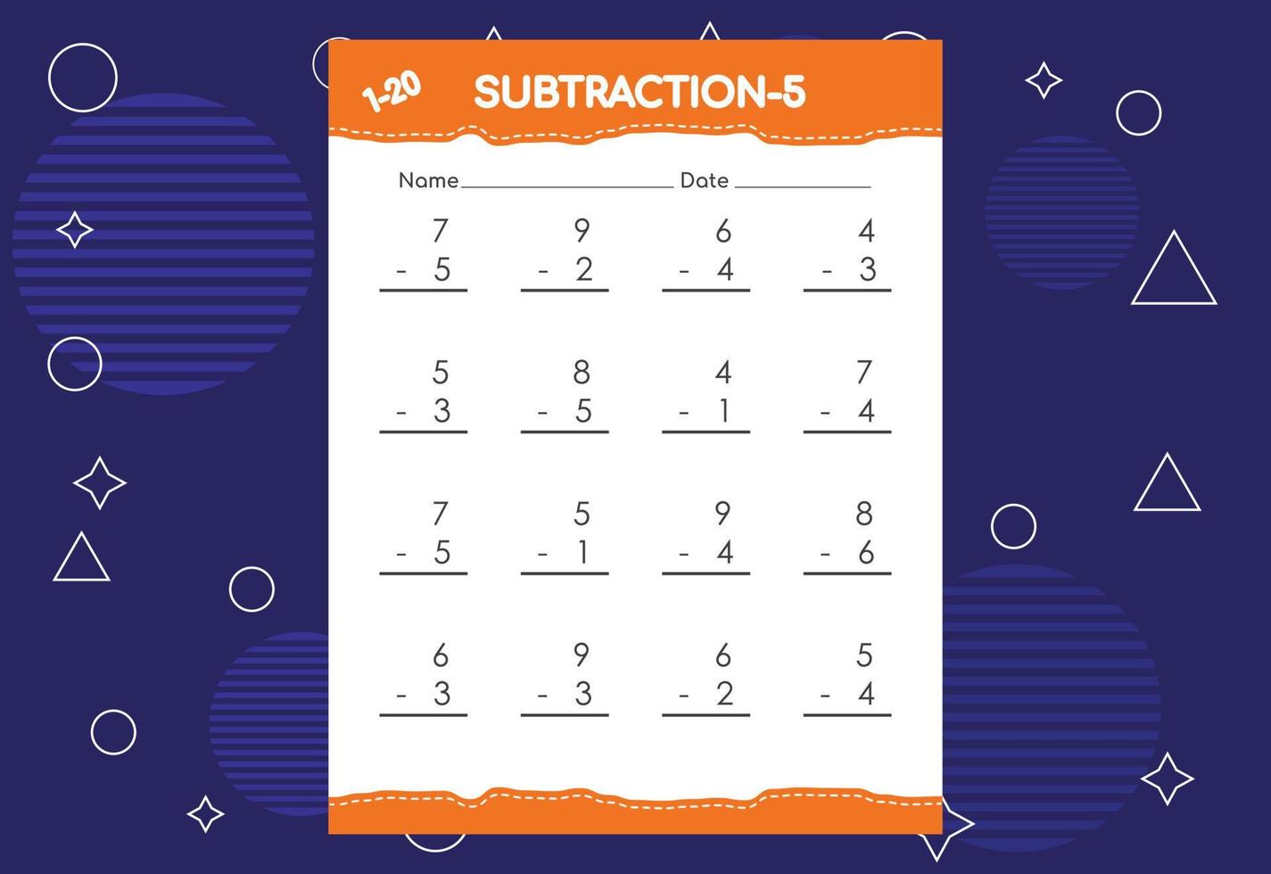 subtraktion arbetsblad för barn. kalkylblad för pedagogiska matematikaktiviteter för barn vektor