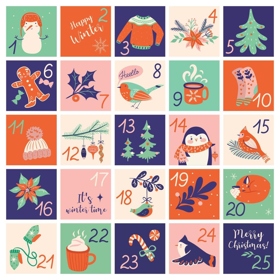 jul adventskalender med handritade element. vektorgrafik. vektor