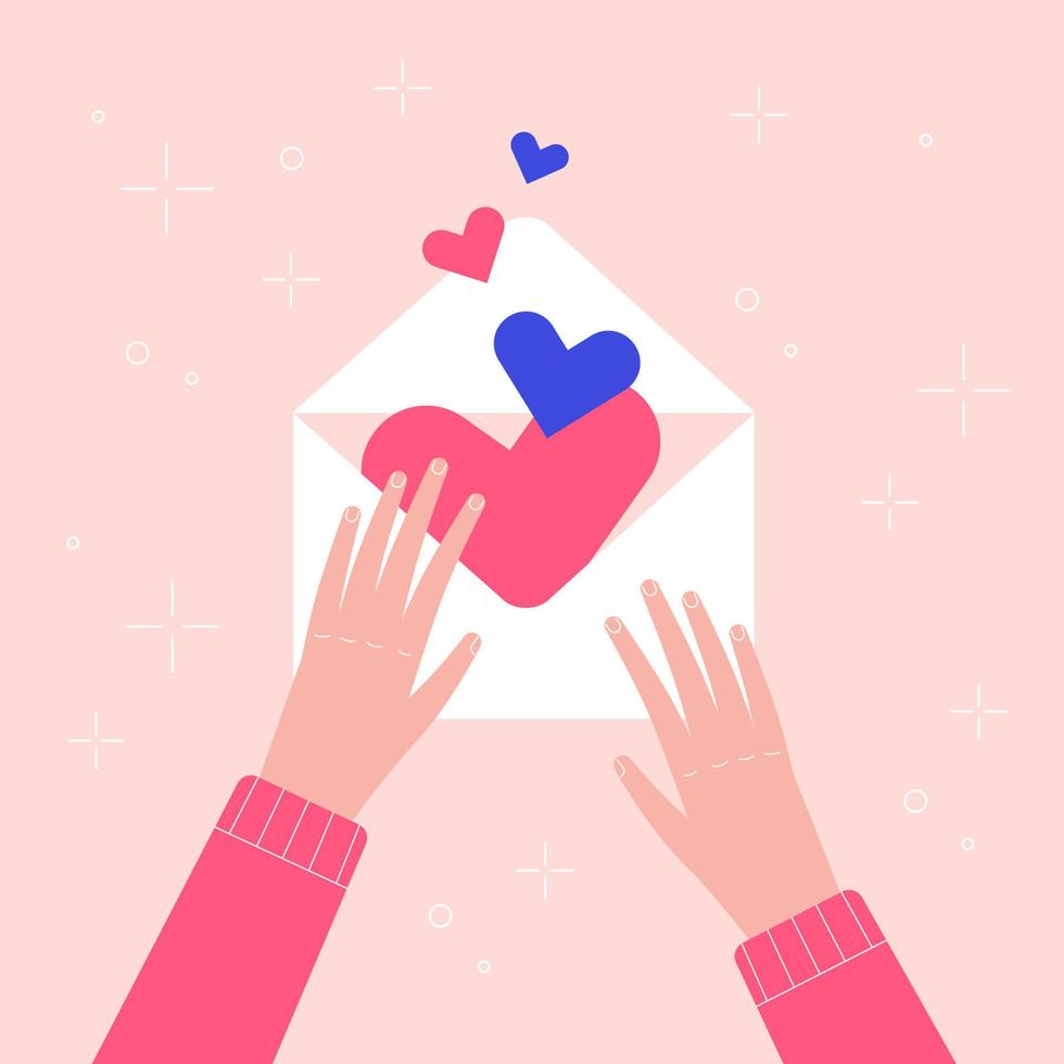 kvinnliga händer håller brev med flygande hjärtan. söt handritning vykort på rosa bakgrund vektor
