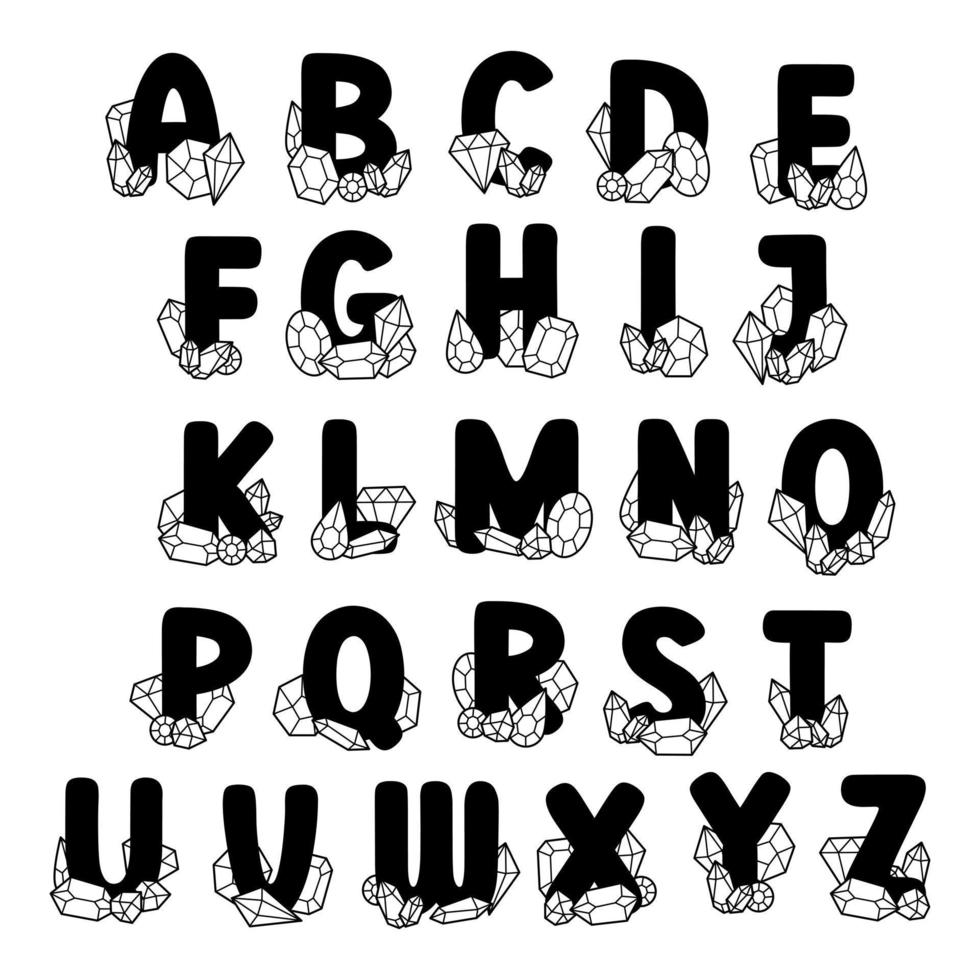 söta versaler alfabet med ädelsten. härlig bokstavsdesign för dekoration. vektor illustration om bokstäver.