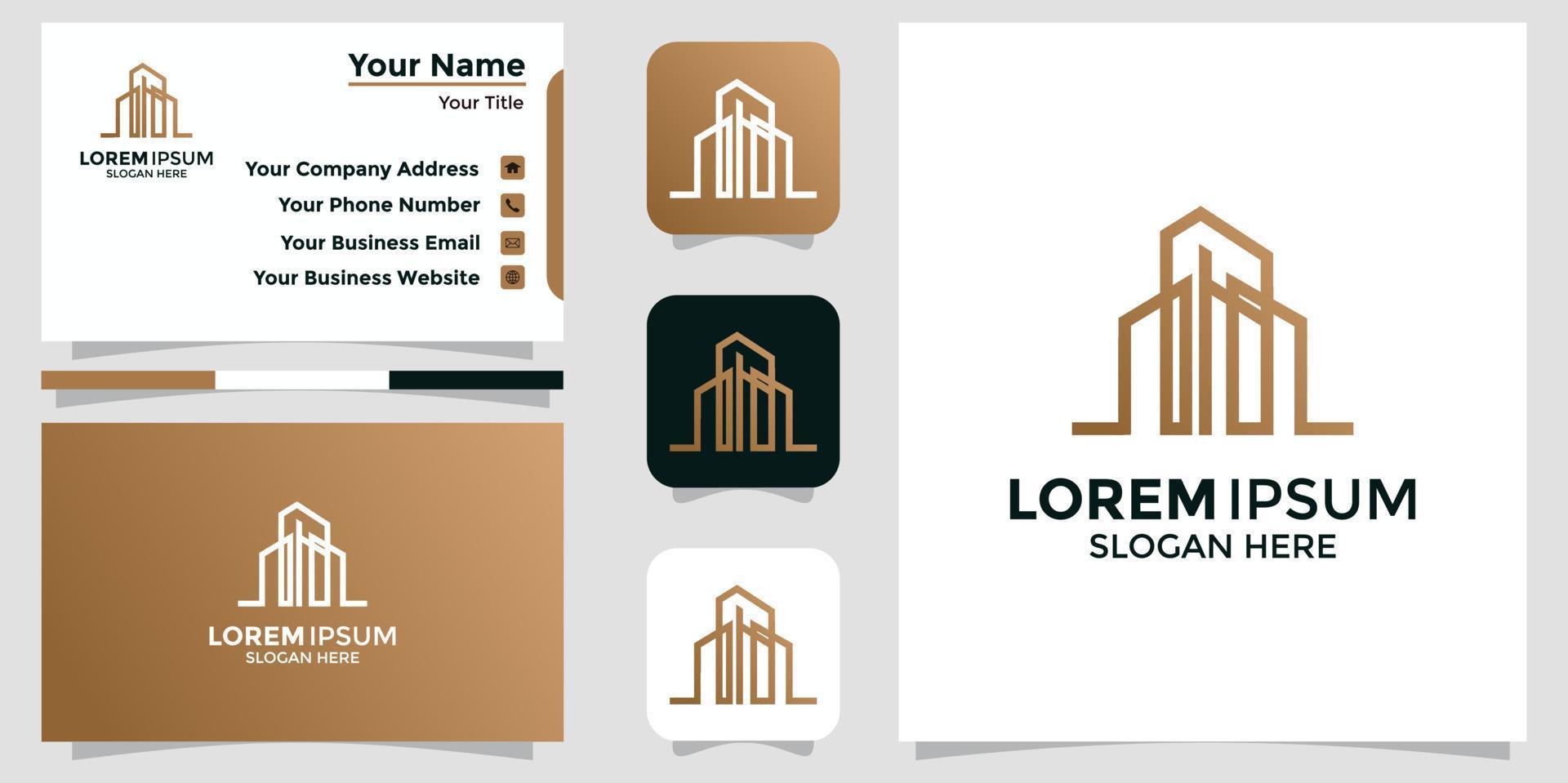 minimalistisches Logo-Design-Gebäude und Branding-Karte vektor