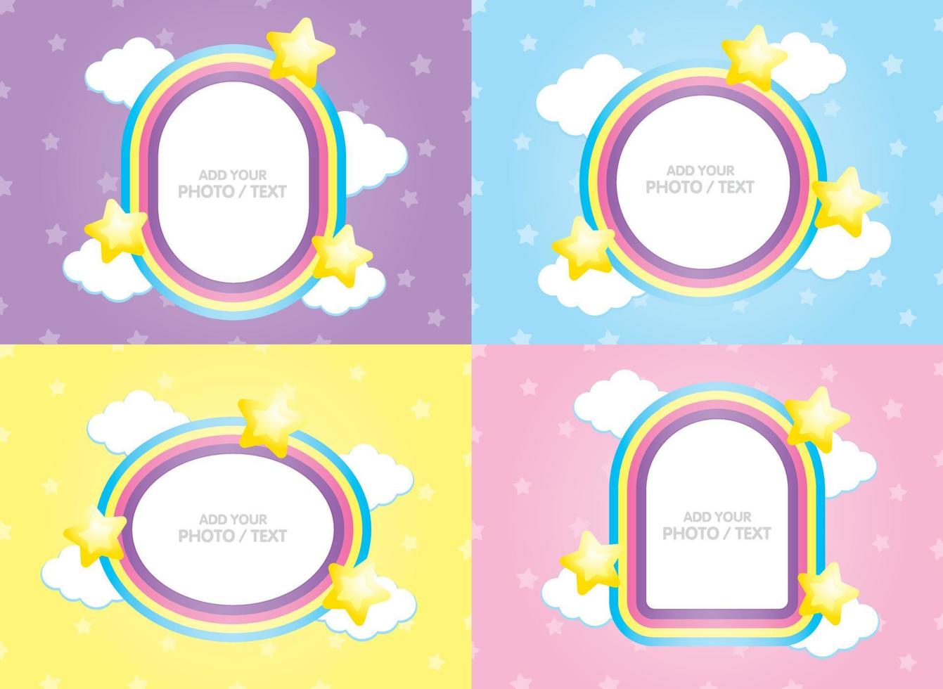 kawaii Regenbogenrahmen-Vektorset zum Hinzufügen Ihres Fotos oder Textes mit Wolken- und Sternenelement auf pastellfarbenem Hintergrund vektor