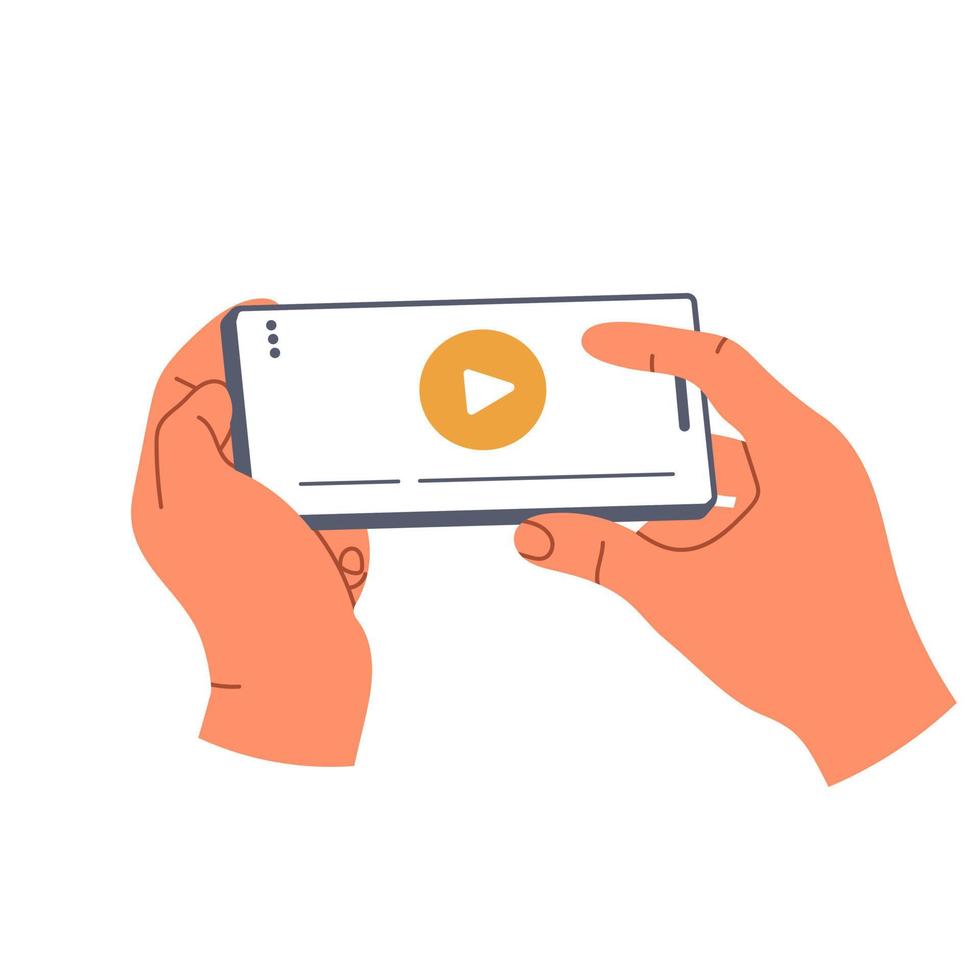 hand, die telefon mit app zum ansehen von filmen hält. Verwenden des Smartphone-Bildschirms mit Anwendung zum Anzeigen von Inhalten. flache vektorillustration lokalisiert auf weißem hintergrund vektor