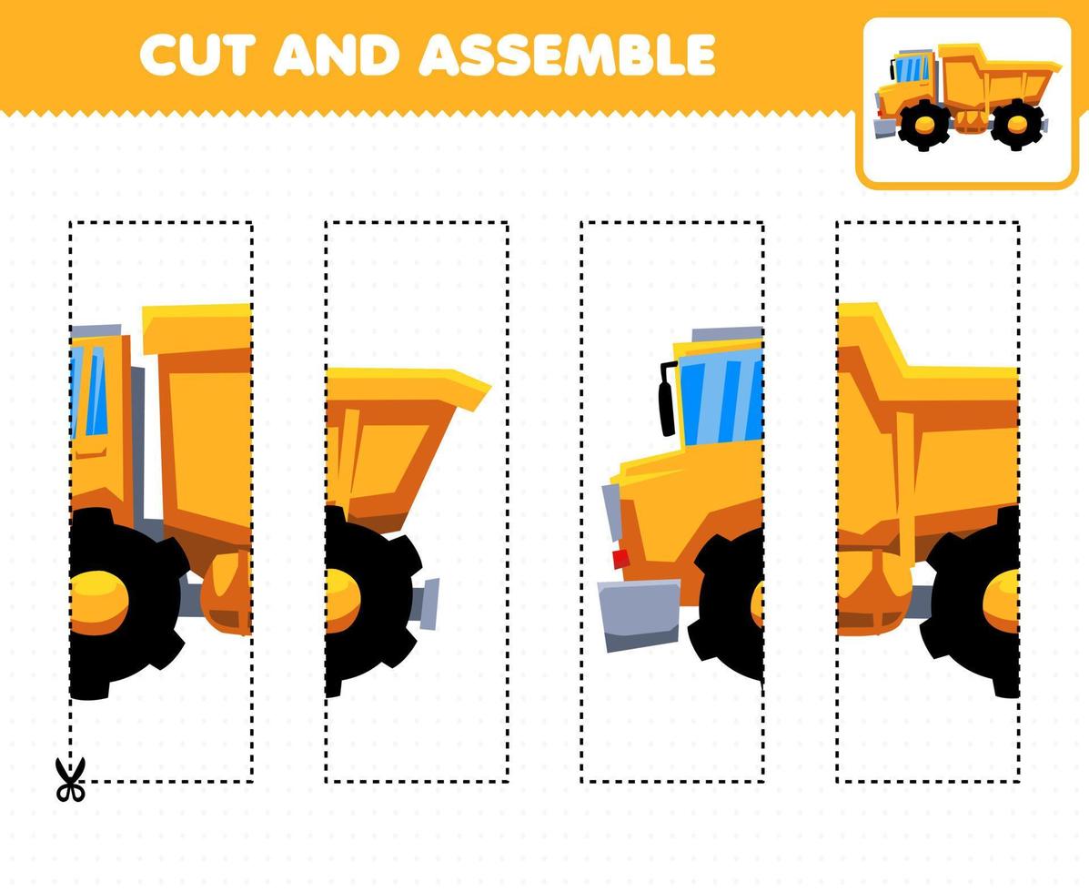 utbildningsspel för barn att klippa och sätta ihop pussel med tecknad transportdumper vektor