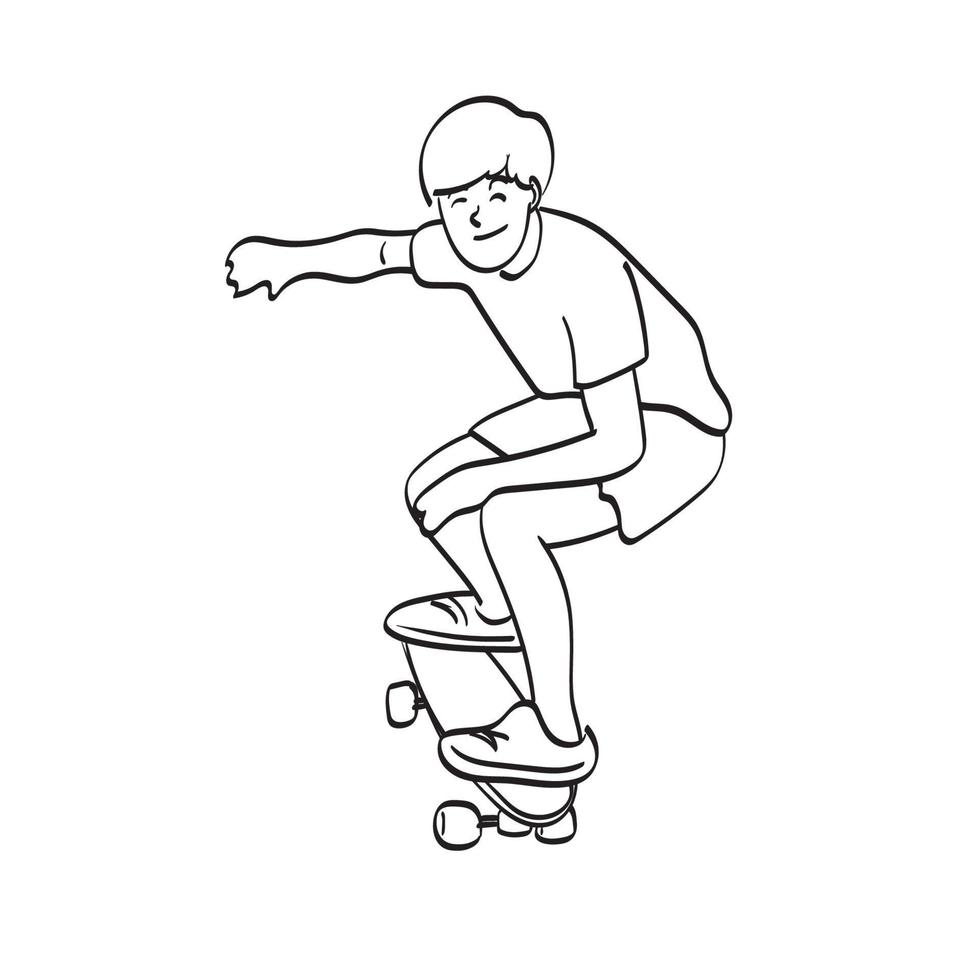 männlicher skateboarder der strichzeichnungskunst mit dem handgezeichneten lächelnillustrationsvektor lokalisiert auf weißem hintergrund vektor