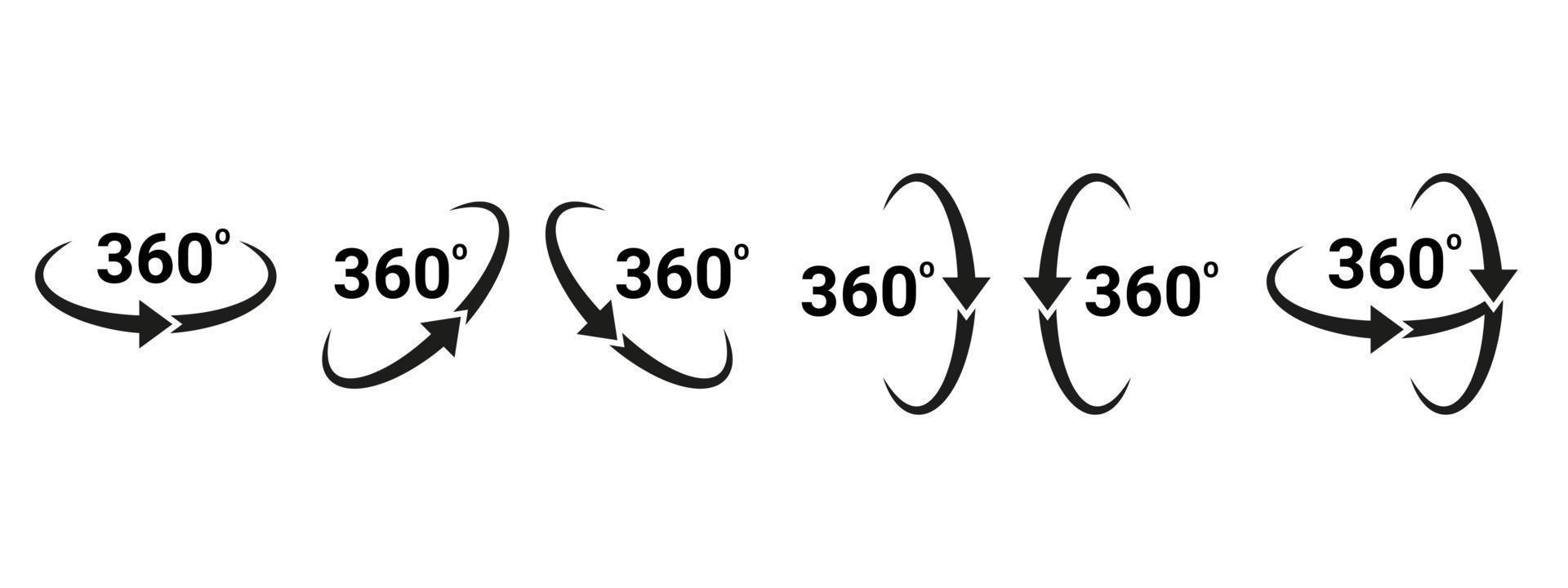 360-Grad-Pfeil, um Set-Symbol drehen. Kreiszeichen vertikale, horizontale und diagonale Ansicht mit Pfeildrehung um 360 Grad. virtuelle Realität. Drehzyklus, kreisförmiges Bewegungssymbol. Vektor