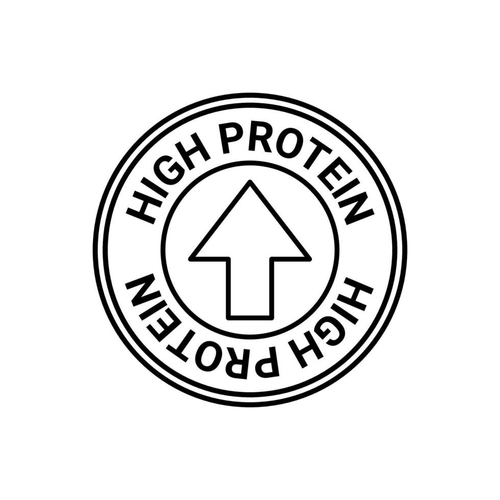 högt protein tecken, etikett, klistermärke i cirkel med pil. mat- och dietikon för att beteckna högt proteininnehåll. pil upp symbol för produkter. vektor