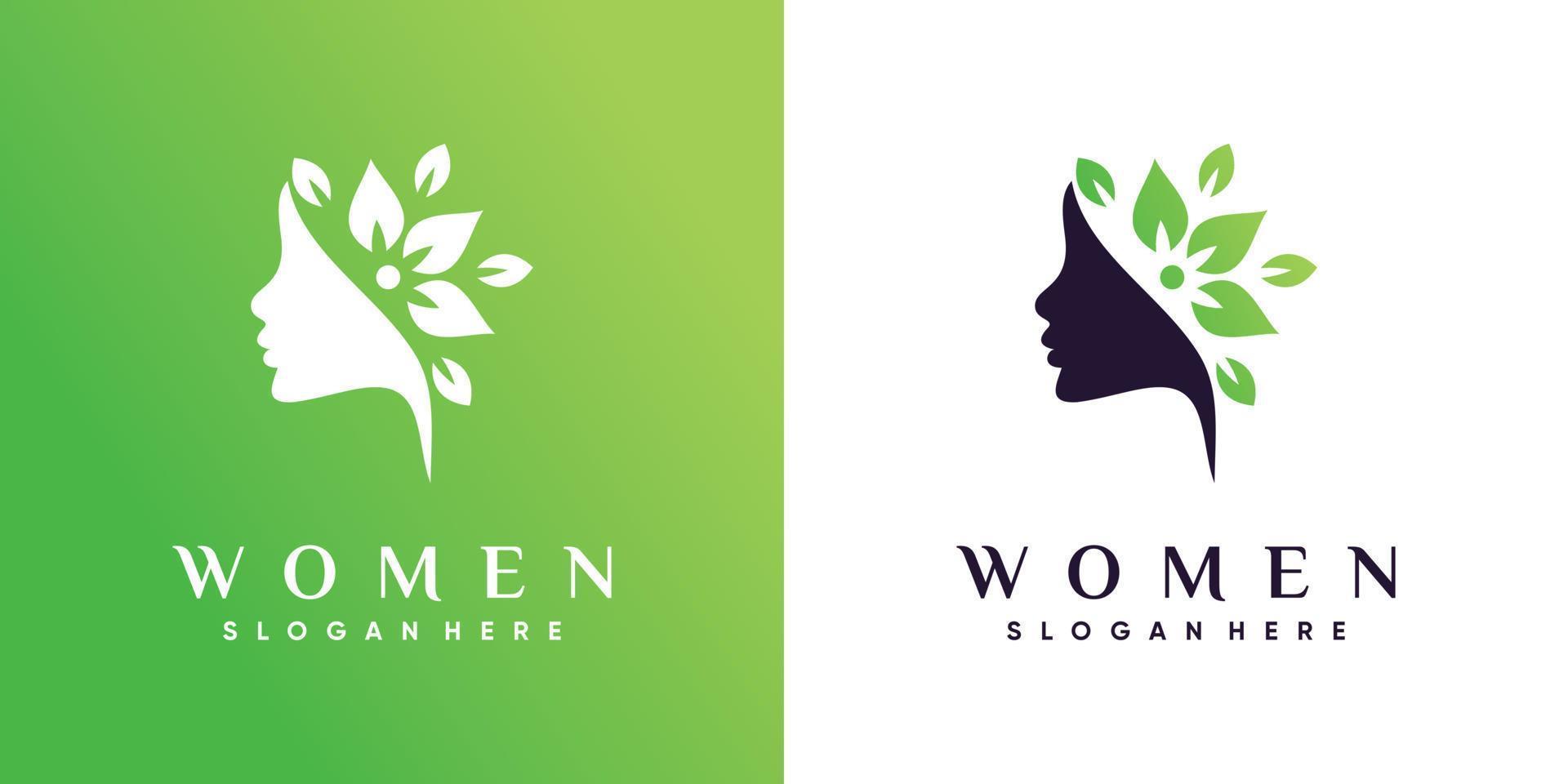 kvinnor ansikte logotyp design för skönhetssalong med blad element premium vektor