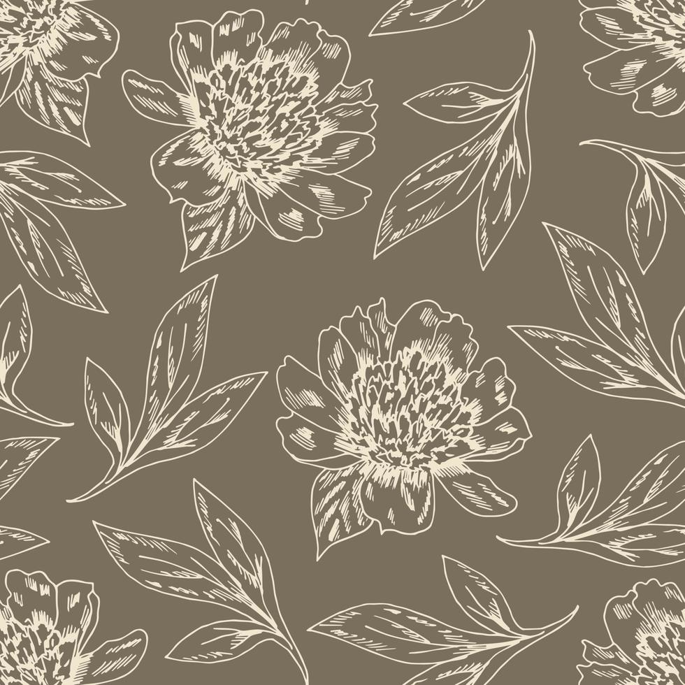 delikat blommig vektor seamless mönster. ljus kontur av blommor, pionblad på en beige-grå bakgrund. för tryck, tyger, spetsar, textilprodukter.