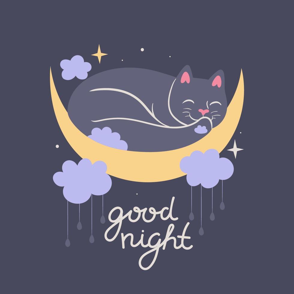Illustration einer süßen Katze, die auf dem Mond schläft. Vektorgrafiken. vektor