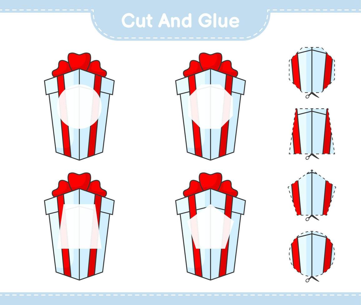 schneiden und kleben, Teile der Geschenkbox ausschneiden und kleben. pädagogisches kinderspiel, druckbares arbeitsblatt, vektorillustration vektor