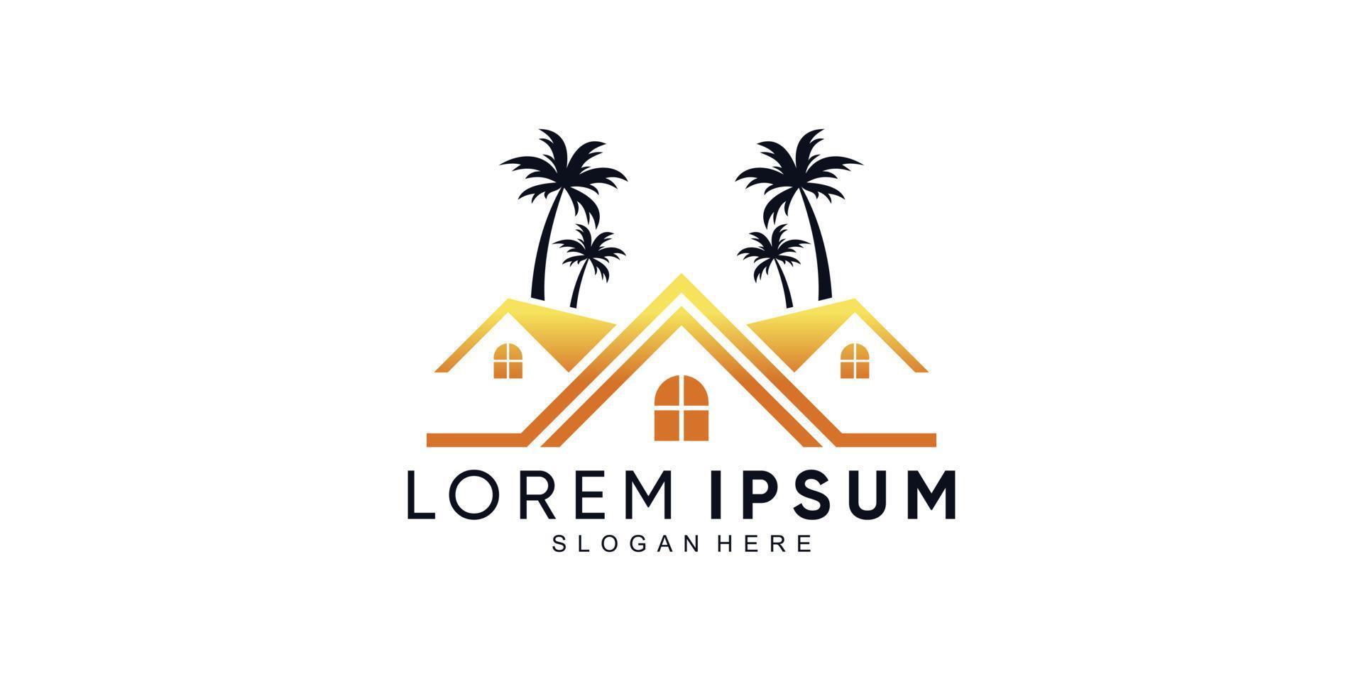 palm och hus ikon logotyp med kokospalmer och modern koncept premium vektor