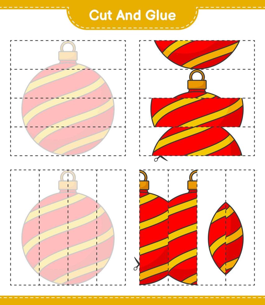 klipp och limma, skär delar av julkulan och limma dem. pedagogiskt barnspel, utskrivbart kalkylblad, vektorillustration vektor