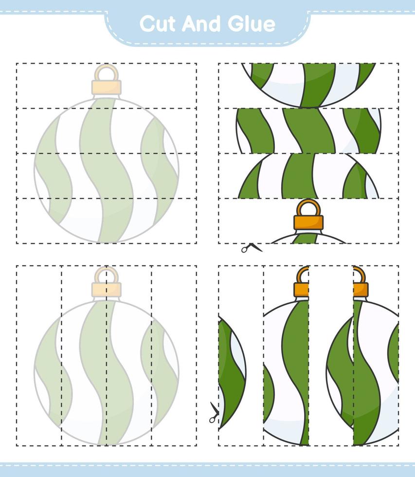 klipp och limma, skär delar av julkulan och limma dem. pedagogiskt barnspel, utskrivbart kalkylblad, vektorillustration vektor