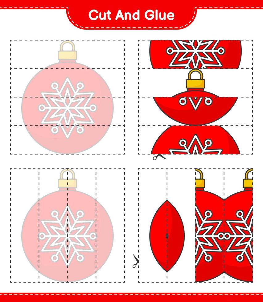 schneiden und kleben, teile der weihnachtskugel ausschneiden und kleben. pädagogisches kinderspiel, druckbares arbeitsblatt, vektorillustration vektor