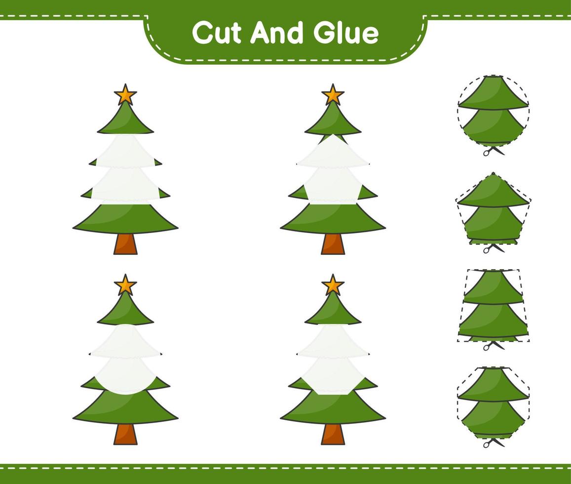 klipp och limma, skär delar av julgranen och limma dem. pedagogiskt barnspel, utskrivbart kalkylblad, vektorillustration vektor