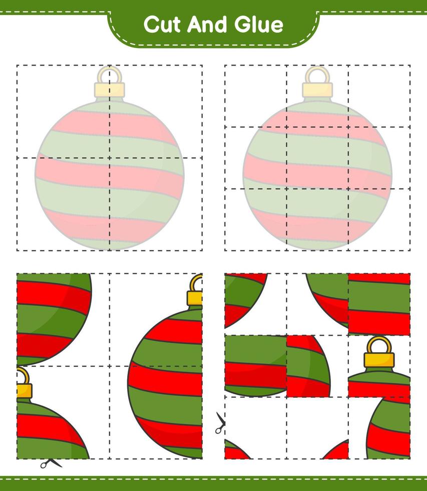 klipp och limma, skär delar av julkulan och limma dem. pedagogiskt barnspel, utskrivbart kalkylblad, vektorillustration vektor