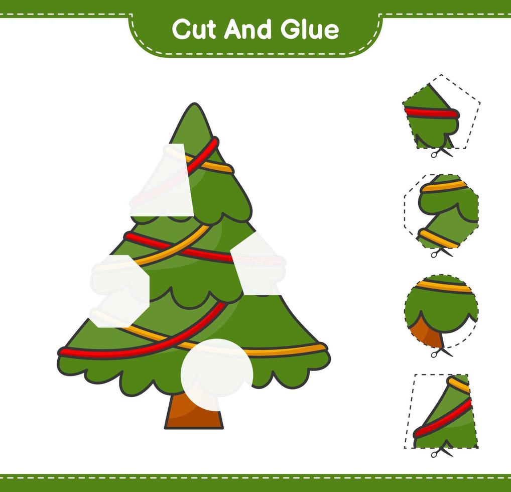 schneiden und kleben, Weihnachtsbaumteile ausschneiden und kleben. pädagogisches kinderspiel, druckbares arbeitsblatt, vektorillustration vektor
