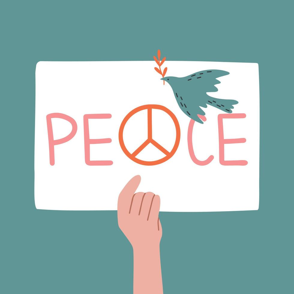 Taube des Friedens Vogel Hand Cartoon-Stil. Internationaler Tag des Friedens, der traditionell jährlich begangen wird. Hand mit einem Friedensplakat, Gewaltlosigkeitsvektor. vektor