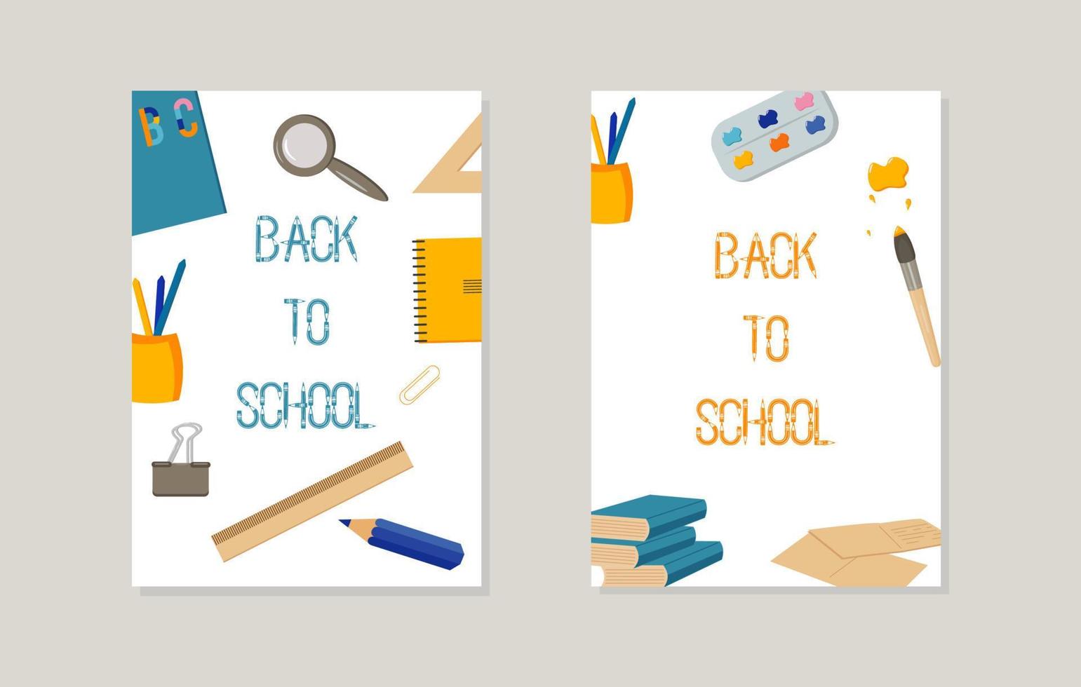 zwei layouts mit der aufschrift back to school lineale bleistifte malt vektor