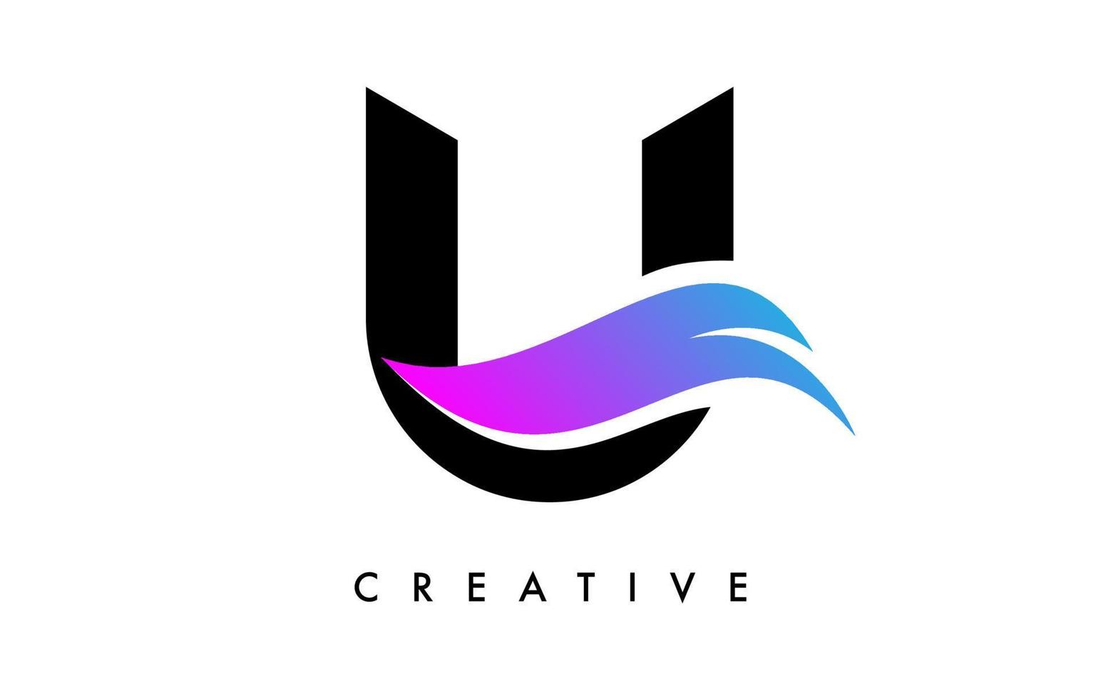 Buchstabe u-Logo-Icon-Design mit lila Swoosh und kreativem Vektor mit gebogener Schnittform