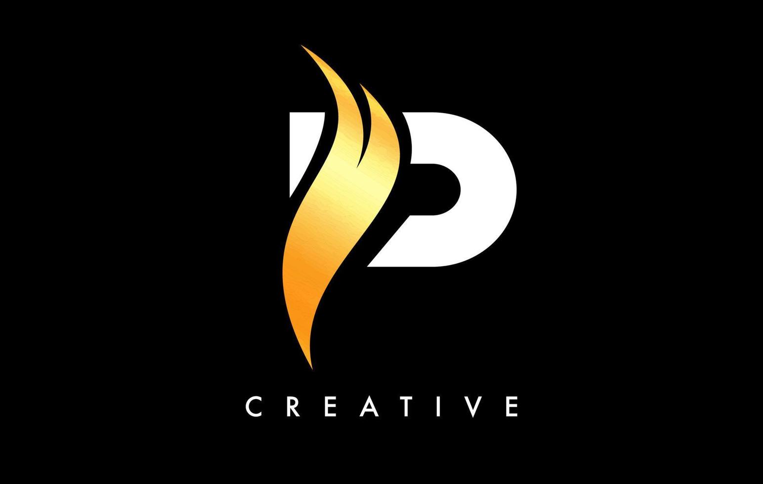 buchstabe p logo icon design mit goldenem swoosh und kreativem kurvenschnittformvektor vektor