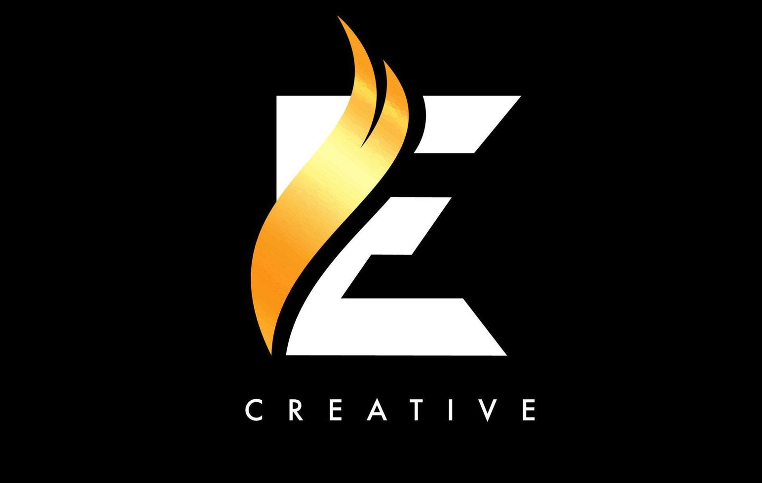 bokstaven e logotyp ikon design med gyllene swoosh och kreativ böjd skuren form vektor