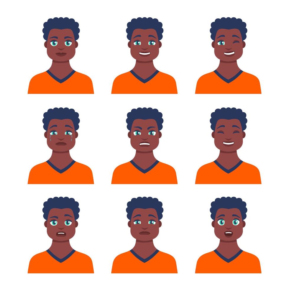 uppsättning av unga manliga ikon med känslor i tecknad stil. man avatar profil med ansiktsuttryck. porträtt av afrikanska karaktärer i ljusa färger. isolerade vektorillustration i platt design vektor